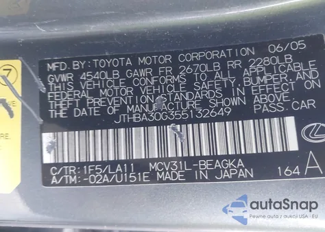 2005 Lexus Es 330 из США, поврежденный, VIN JTHBA30G355132649